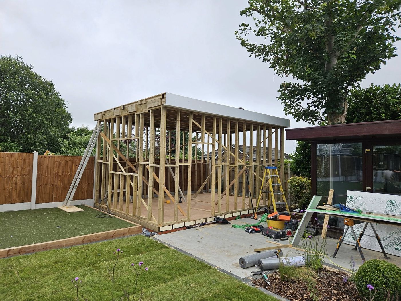 Timber frame garden room under construction by PJB joiners